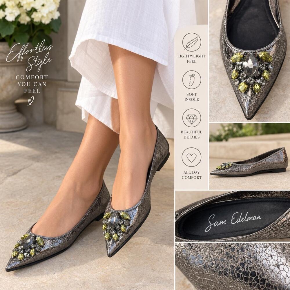 Sam Edelman silver snakeskin flats with rhinestone embellishments in US 6